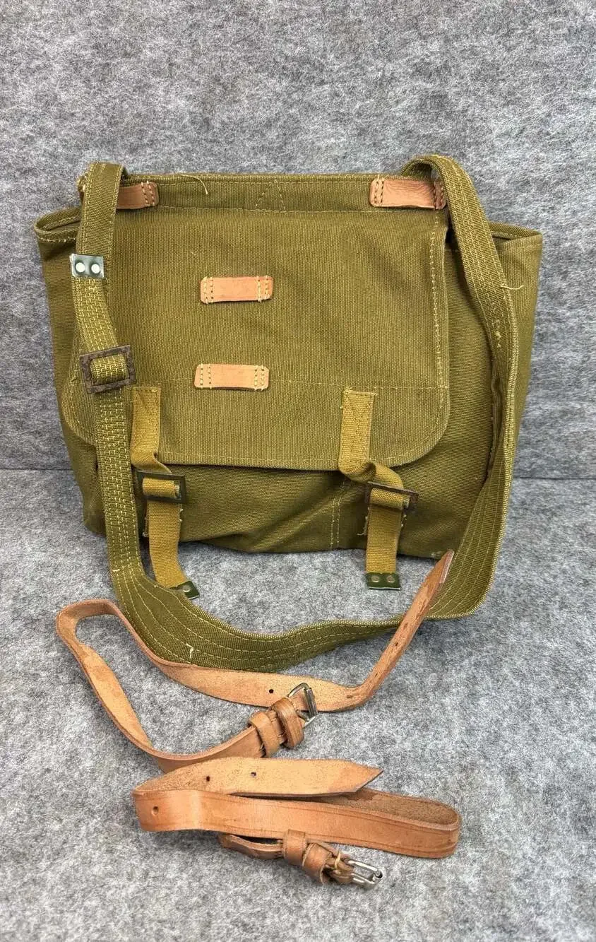 Vintage Romanian Military Canvas Bread Bag with Leather Straps
